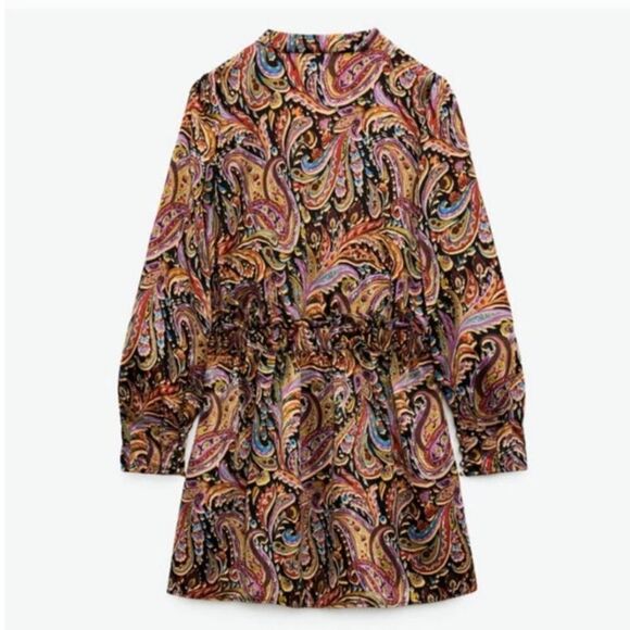 Zara Boho Paisley Mini Dress Long Sleeve Gold Details V Neck Multicolor Size L - Picture 4 of 16